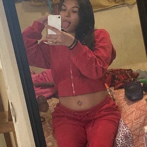 Red matching jogger set.